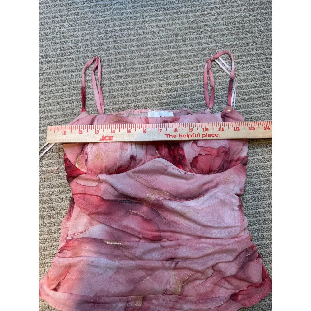 Privy Pink Marble Mesh Ruched Bodysuit Sweetheart Neck Gold Accents Large